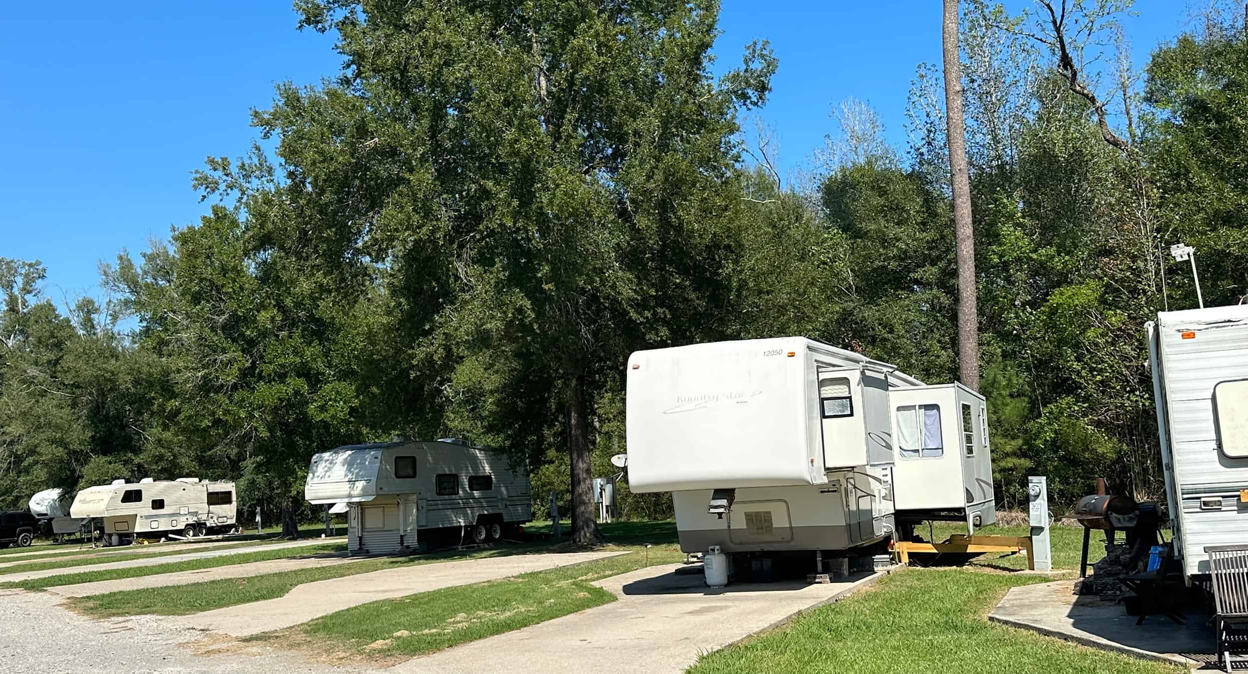 Trees, concrete pads, and RVs at Texas Star RV Community.